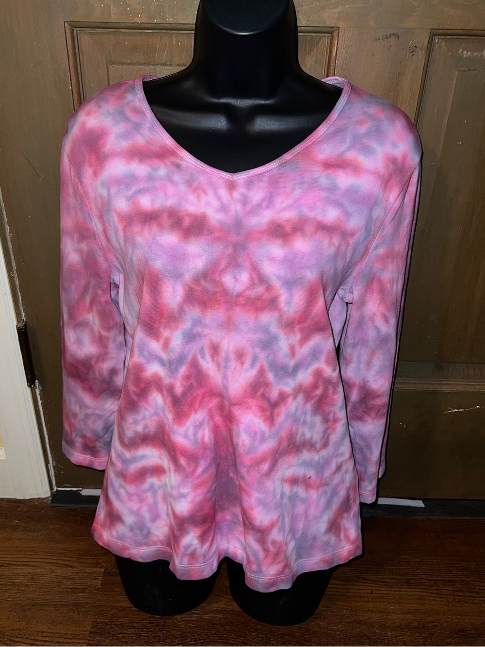Pink Tie-Dye V-Neck Psychedelic Festival Stretch Long Sleeve Cotton Top Size M - Picture 4 of 8